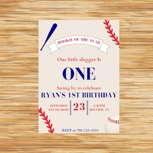 Rookie of the Year First Birthday Invitation | Editable Baseball First Birthday Invitation | Boy Sports First Birthday