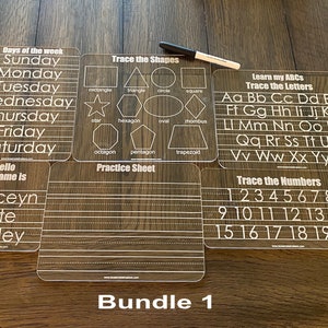 Customizable Children Acrylic Learning Boards, Dry Erase Learning Board, Reusable Personalized Boards, Preschool, Education Supplies Bundle 1