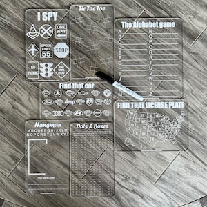 Acrylic Dry Erase Car Game Boards, Engraved Vehicle Travel Games, I Spy | Hangman, Dots & Boxes, Alphabet Game, License Plate Game