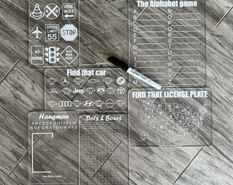 Acrylic Dry Erase Car Game Boards, Engraved Vehicle Travel Games, I Spy | Hangman, Dots & Boxes, Alphabet Game, License Plate Game