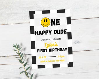 One Happy Dude First Birthday Invitation: Retro Smiley (Editable Template)