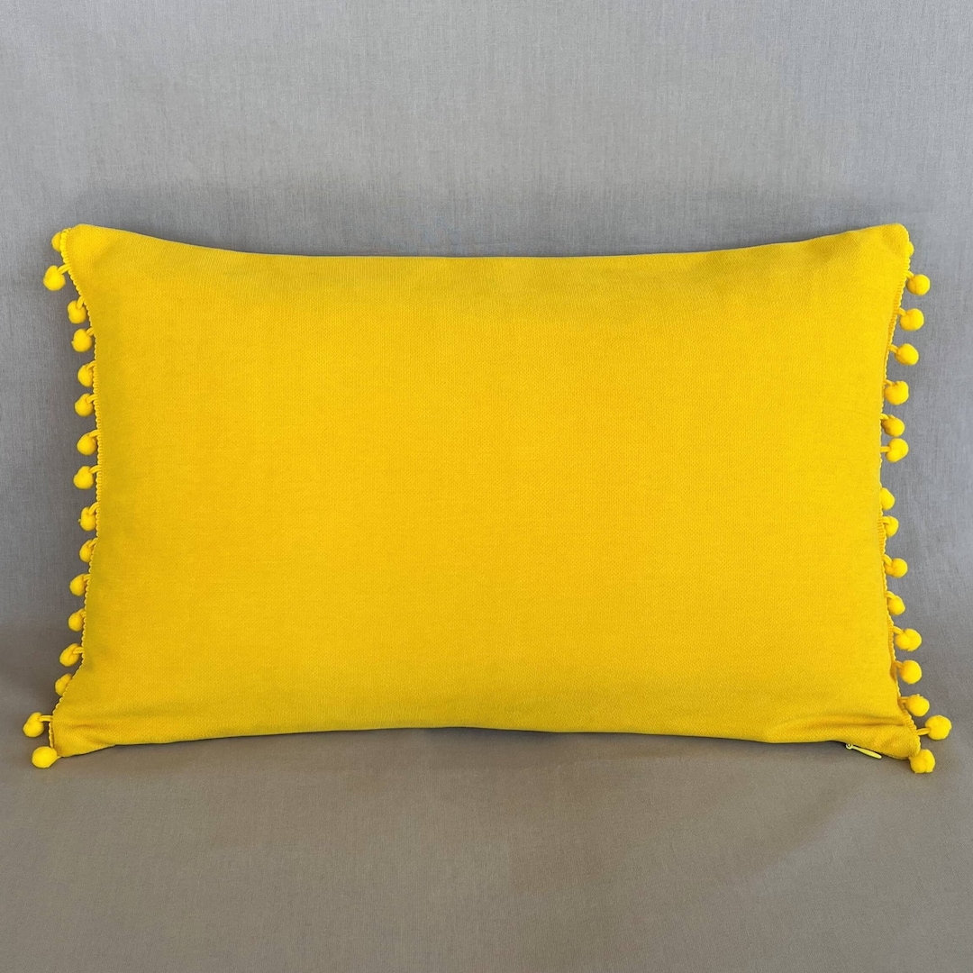 Yellow Lumbar Pillow Cover 12x20, Small Accent Pillow, Pom Pom Pillow