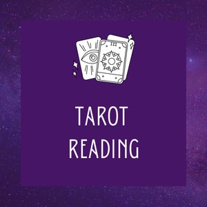 May include: A purple background with a white outline of two tarot cards. The top card has the number III and a sun with rays. The bottom card has an eye with rays. The text "TAROT READING" is below the cards.