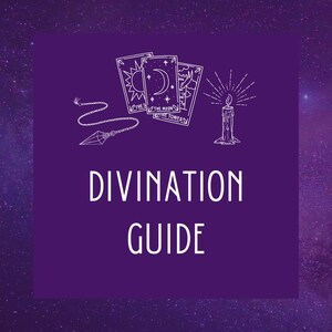 May include: A purple background with white text that reads "Divination Guide". The background is covered in white stars. There are three tarot cards, a pendulum, and a candle with a flame on top.