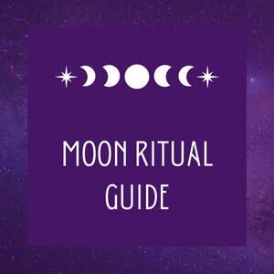 May include: A purple square with white text that reads "MOON RITUAL GUIDE" and a white moon phase symbol with stars on either side.