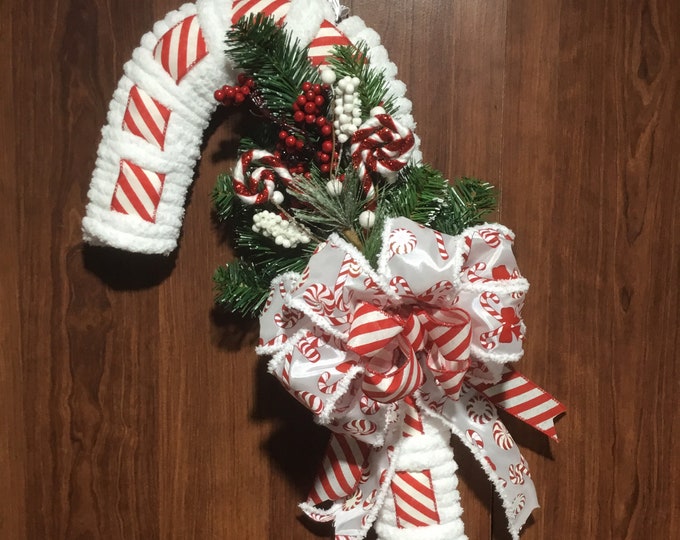 Candy Cane Yarn Ribbon Wreath/door Hanger Etsy
