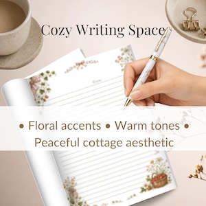 May include: A white lined stationery sheet featuring delicate floral illustrations and a small basket of berries in the corner. The text "Cozy Writing Space" appears at the top, followed by "Floral accents • Warm tones • Peaceful cottage aesthetic" across the centre. A white marble-patterned pen with gold accents rests on the paper.