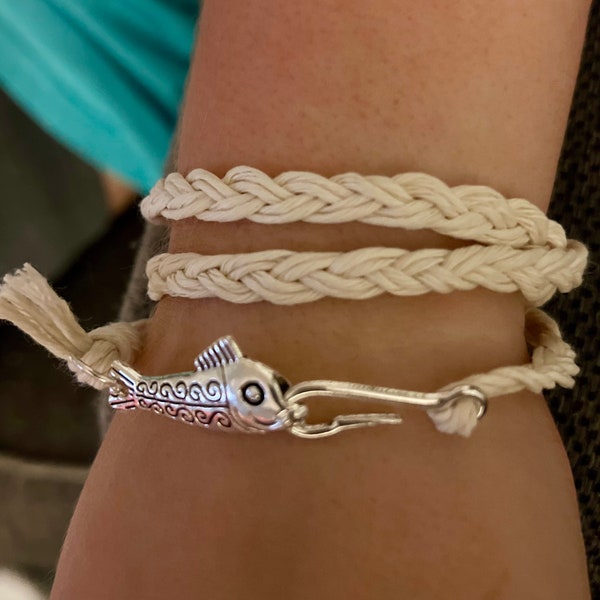 Hooked! Natural braided hemp bracelet, fish and hook closure.