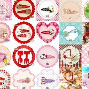 May include: A collection of various hair clips and hair ties, featuring designs with cartoon characters, fruits, and other decorative elements. The clips and ties come in a variety of colors, including pink, red, and white, and are arranged on a patterned background.