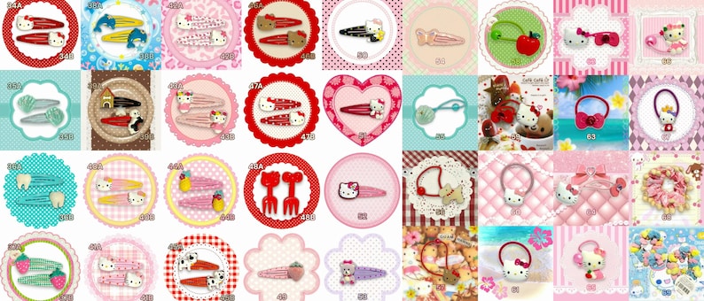 May include: A collection of various hair clips and hair ties, featuring designs with cartoon characters, fruits, and other decorative elements. The clips and ties come in a variety of colors, including pink, red, and white, and are arranged on a patterned background.
