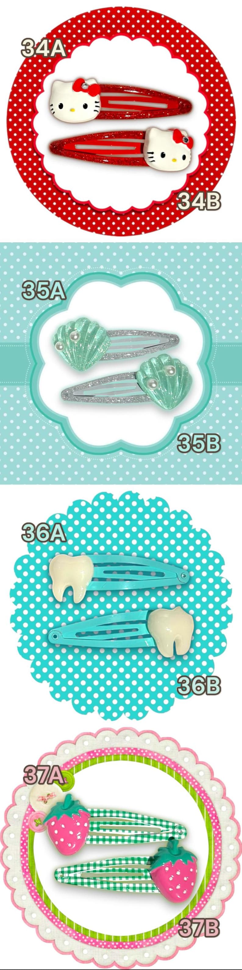 May include: A collection of hair clips with various designs. Includes red Hello Kitty clips, sea shell clips, tooth-shaped clips, and strawberry clips. Each set is displayed on a decorative background.