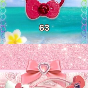 May include: A vertical image featuring pink accessories with a Hello Kitty theme. The image includes hair ties, bows, and a Hello Kitty figure. The background is a mix of pink patterns and textures, creating a cute and girly aesthetic.
