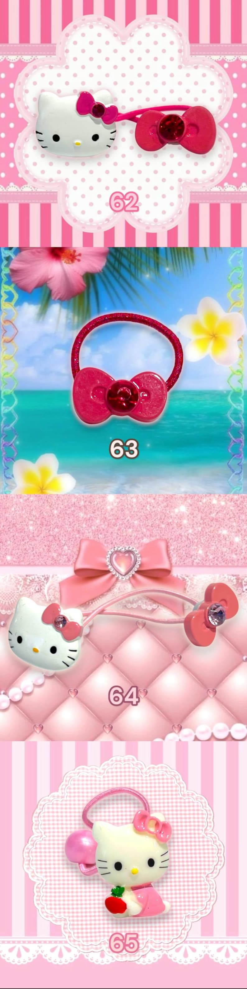 May include: A vertical image featuring pink accessories with a Hello Kitty theme. The image includes hair ties, bows, and a Hello Kitty figure. The background is a mix of pink patterns and textures, creating a cute and girly aesthetic.