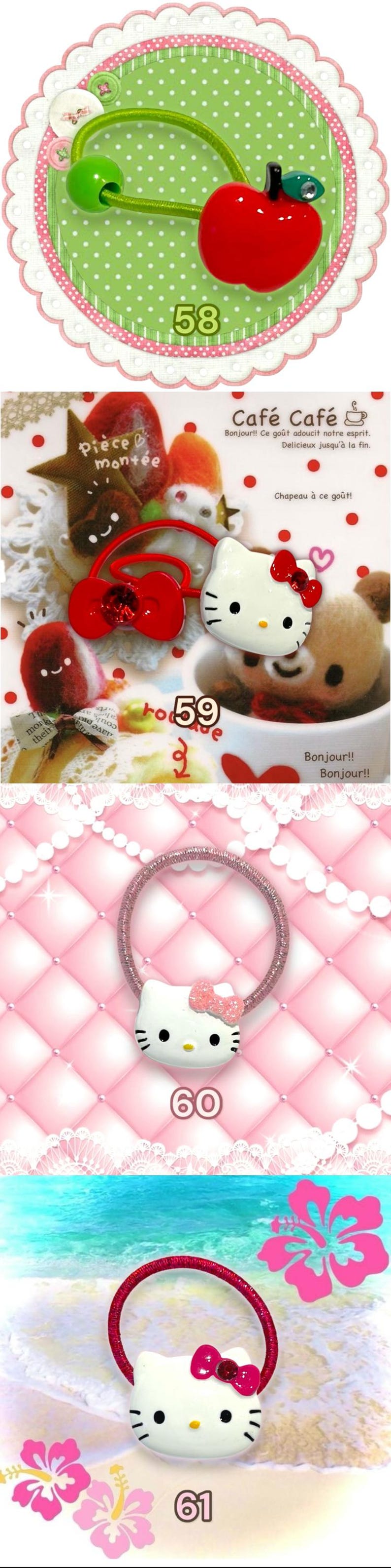 May include: A collection of hair accessories featuring cartoon characters. The image includes a green hair tie with a red apple charm, a Hello Kitty hair tie with a pink bow, and a red hair tie with a Hello Kitty face.