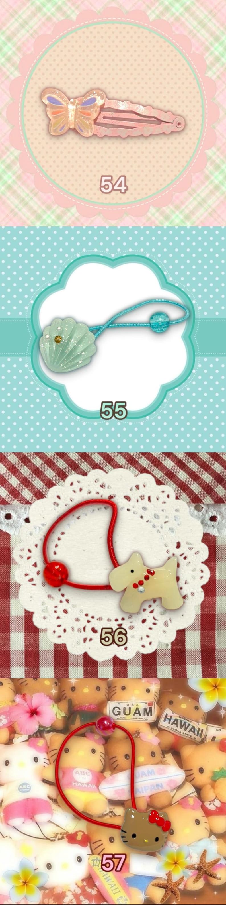 May include: A collection of hair accessories and plush toys. Includes a butterfly hair clip, a seashell hair tie, a dog-shaped hair tie, and Hello Kitty plush toys with "Guam" and "Hawaii" tags.