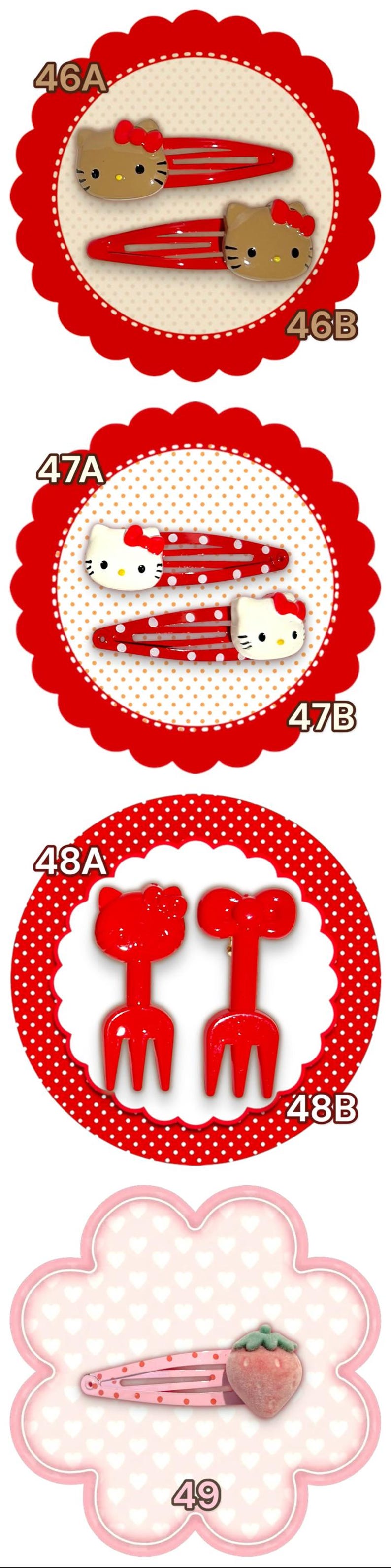 May include: A collection of hair accessories featuring cartoon character designs. Includes brown and white Hello Kitty clips, red polka dot clips, red fork-shaped clips, and a pink strawberry clip.