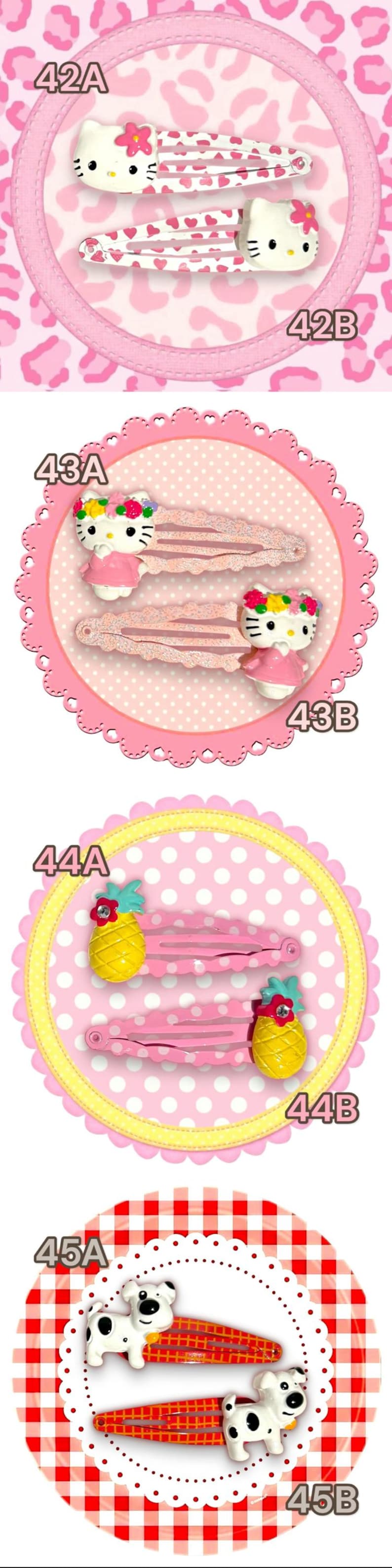 May include: A collection of hair clips with various designs. Includes clips with Hello Kitty, floral, pineapple, and cow motifs. Each clip is set against a decorative background with numbers.