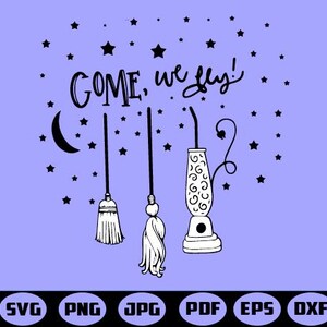 May include: Black and white illustration of three broomsticks and a lava lamp with stars and the text "Come, we fly!" on a light purple background.