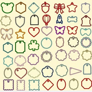 May include: A collection of over 100 digital embroidery tag designs in various shapes including hearts, stars, bows, and animals. The image features text stating +100 DESIGNS +BX FONT and lists file formats PES, DST, HUS, EPX, JEF, and XXX on the left.