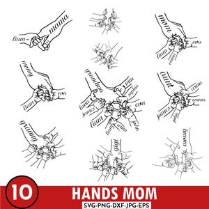 1-10 Hands Mom/Grandma and Childs Svg Png Bundle, Plik cyfrowy na Dzień Matki, Niestandardowe imię Hand Kid Names Svg Png, Prezent Best Mom Ever Svg Png