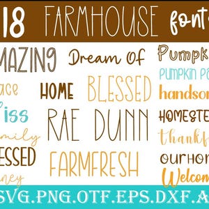 Peut inclure: Graphique numérique présentant 18 polices de caractères de style ferme, de styles et de couleurs variés. Les mots incluent "Amazing", "Home", "Blessed", "Pumpkin" et "Welcome". Les types de fichiers sont listés en bas.
