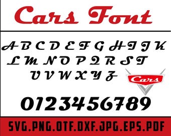 Letras imprimibles con fuente de coches, imágenes prediseñadas en formato SVG, PNG, DXF, JPG, PDF, EPS y OTF. Descarga instantánea.