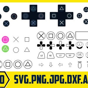 Könnte beinhalten: Ein Satz von 10 Schwarzweiß-SVG-Dateien für einen Videospiel-Controller. Die Dateien enthalten verschiedene Formen wie Kreise, Quadrate, Dreiecke und Kreuze. Die Dateien enthalten auch den Text "L1", "R1", "L2", "R2", "L3", "R3", "SHARE" und "OPTIONS".