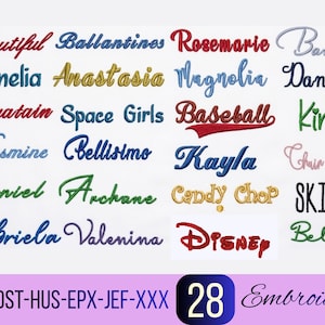 Può includere: Una collezione di ventotto nomi e parole ricamate in vari colori e caratteri, tra cui Beautiful, Ballantines, Rosemarie, Barbara, Cornelia, Anastasia, Magnolia, Daniella, Mouatain, Space Girls, Baseball, Kindle, Yasmine, Bellisimo, Kayla, Chain Stitch, Daniel, Archane, Candy Chop, SKINNY, Gabriela, Valenina, Disney e Bella, con i formati di file elencati in basso.