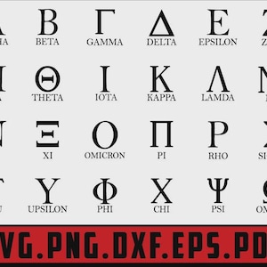Op de afbeelding: Een zwart-wit afbeelding met het Griekse alfabet, waarbij elke letter is voorzien van zijn Engelse naam. De letters zijn gerangschikt in rijen en kolommen. De tekst "SVG.PNG.DXF.EPS.PDF" staat onderaan de afbeelding.