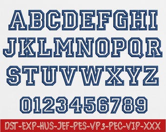 May include: An embroidery alphabet set featuring uppercase letters A through Z and numbers 0 through 9 in a collegiate block style. Each character is rendered in dark blue with a white inner outline. The bottom text lists file formats: DST-EXP-HUS-JEF-PES-VP3-PEC-VIP-XXX.