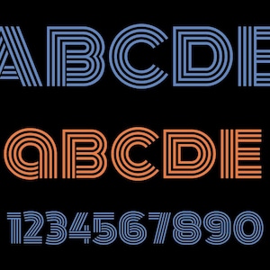Peut inclure: Une conception graphique présentant les lettres A à E en bleu et orange, et les chiffres 1 à 0 en bleu. Les lettres et les chiffres ont un motif rayé sur fond noir.