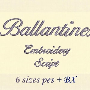May include: A digital embroidery font design featuring the word Ballantines in a purple script typeface, followed by the text Embroidery Script and 6 sizes pes + BX in a smaller font size, all set against a light cream-colored background.