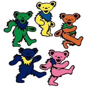 May include: Five colorful cartoon bears with smiling faces. The bears are green, yellow, orange, blue, and pink. They are all in different poses, with their arms and legs outstretched.