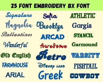 Paquete de 25 fuentes de bordado modernas + fuentes de bordado de bloques de estilo rústico cursivo BX Script, diseño de bordado a máquina, 6 tamaños, fuente BX