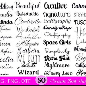 May include: An image showcasing 50 different cursive fonts, with examples such as "Cornelia," "Signature," and "Disney Land." The image also displays the text "SVG. PNG. OTF" and "50 Cursive Font Bundle" on a pink background.