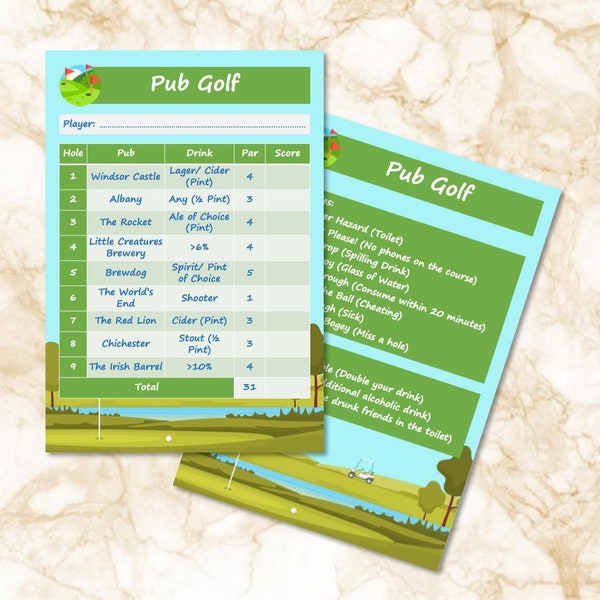 Editable Pub Golf Scorecard (Digital File)