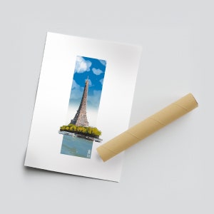 Puede incluir: Una impresi&oacute;n art&iacute;stica de la Torre Eiffel en Par&iacute;s, Francia, sobre un cielo azul con nubes. La obra de arte est&aacute; sobre papel blanco, con un tubo de cart&oacute;n marr&oacute;n al lado. La obra es de estilo acuarela.