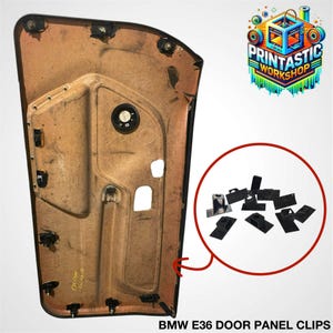 Op de afbeelding: Een autodeurpaneel met een bruin interieur en zwarte afwerking. Een cirkelvormige inzet toont verschillende zwarte deurpaneelclips. De tekst "BMW E36 DOOR PANEL CLIPS" staat onderaan.