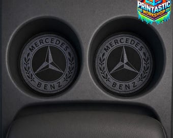 Gloss Black Acrylic Cup Holder Inserts – Engraved Mercedes Design (2 Pack)