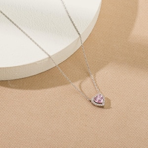 Minimalist Pink Heart Shaped Diamond Pendant Necklace-Heart Cut CZ Diamond Halo Necklace-Diamond Solitaire Necklace,Valentine&#39;s Day Gift