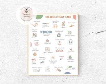 May include: A printable poster with a light blue background and a light brown border. The poster features a list of self-care activities, each with an illustration. The title of the poster is "The ABC's of Self-Care".
