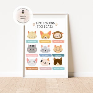Lehren fürs Leben von Katzen Poster, positive Affirmationen Poster, Therapie Büro Deko, Klassenzimmer Deko, Spielzimmer Wand Kunst, Tierkunst, Katzen Druck