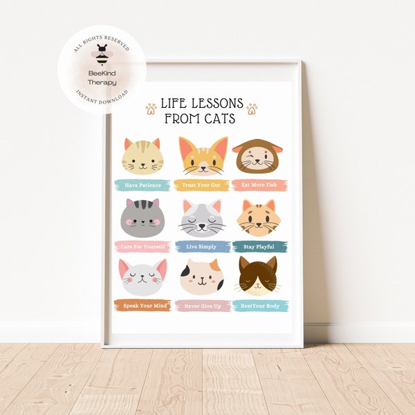 Life lessons from cats poster, positive affirmations poster, therapy office decor, classroom decor, playroom wall art, animal art, cat print