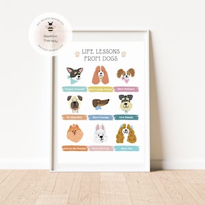Life lessons from dogs poster, positive affirmations print, therapy office decor, classroom poster, animal wall art, playroom wall art