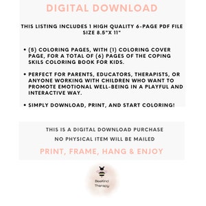May include: Digital download of a 6-page PDF colouring book for children. The book includes 5 colouring pages and a cover page. The book is 8.5 inches by 11 inches. The text on the page says "Digital Download" and "This listing includes 1 high quality 6-page PDF file. Size 8.5"x 11""