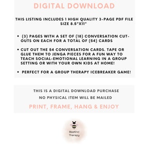 Puede incluir: Descarga digital de un archivo PDF de 3 p&aacute;ginas con 54 tarjetas de conversaci&oacute;n. Las tarjetas est&aacute;n dise&ntilde;adas para ser recortadas y utilizadas para actividades de aprendizaje socioemocional. El tama&ntilde;o del archivo es de 21,6 cm por 27,9 cm.