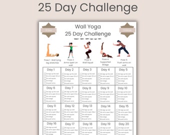 Reto de yoga en la pared de 25 días, yoga en la pared, pilates en la pared, entrenamiento digital, guía rápida de ejercicios de yoga en la pared, fitness en la pared, PDF, A4