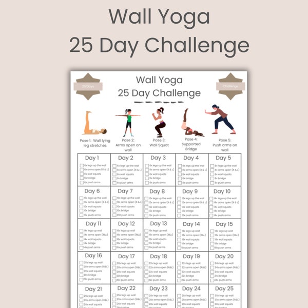 25 Day Wall Yoga Challenge, Wall Yoga, Wall Pilates, Workout Digital, Quick Yoga Wall Exercise Guide,Wall Fitness,PDF,A4