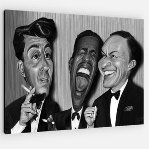 May include: Black and white caricature print featuring three men in tuxedos. One man holds a cigarette, another laughs with his mouth wide open, and the third smiles. The artwork is on a canvas.