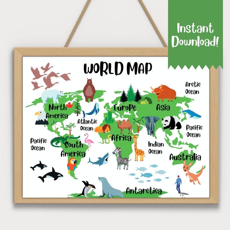 Animal World Map, Children's Map, Map of the World, Nursery Print